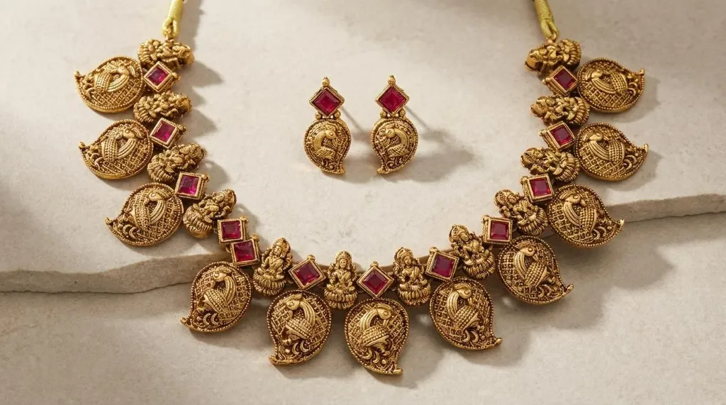 Ethnic Necklace and Earrings with Goddess Lakshmi Motifs and Ruby Red Stones