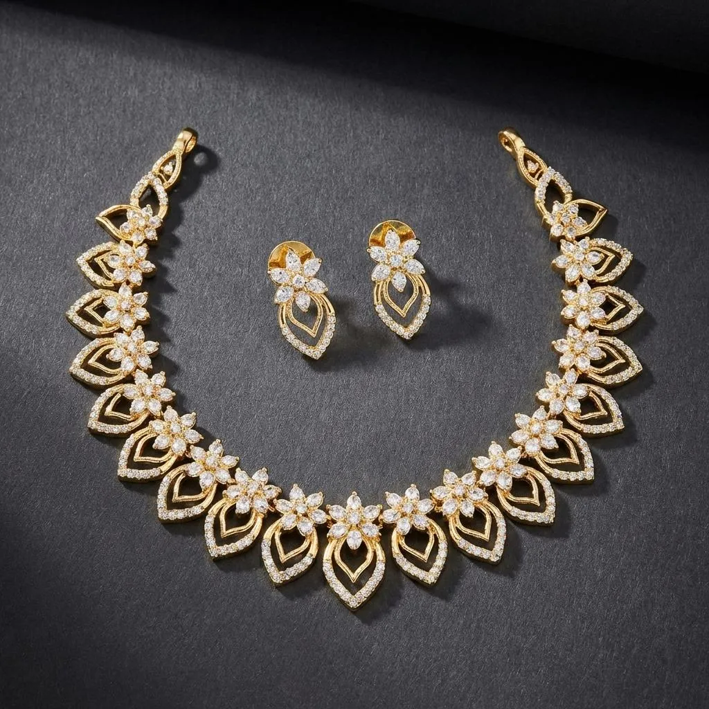 Floral Necklace Set with White Stone Studded Leaf Motifs and Matching Stud Earrings