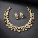 Floral Necklace Set with White Stone Studded Leaf Motifs and Matching Stud Earrings