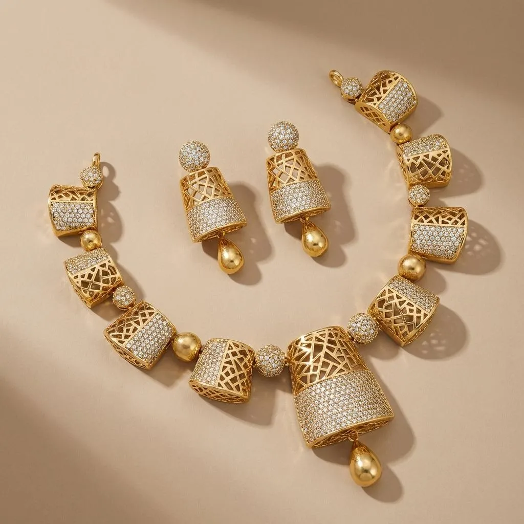 Geometric Lattice Necklace and Earrings Set