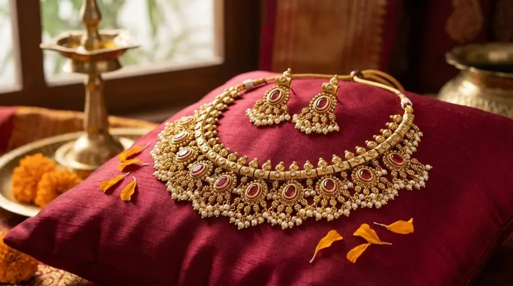Traditional Matte Gold Plated Choker Necklace and Earring Set
