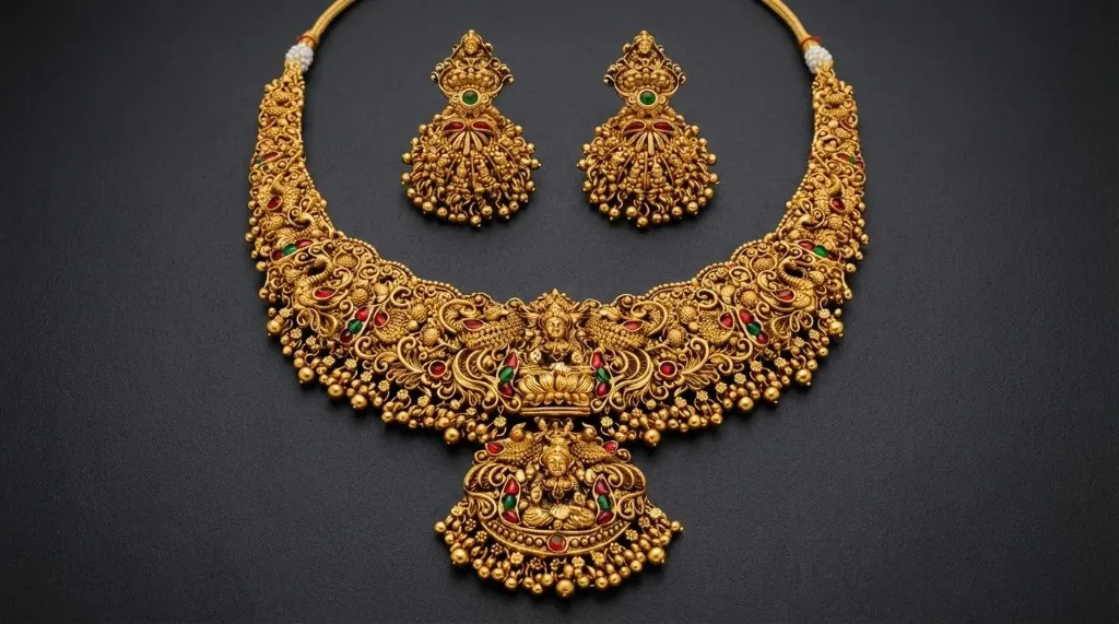 Traditional Antique Gold Temple Jewelry Necklace Set with Lakshmi Motif & Earrings for Women