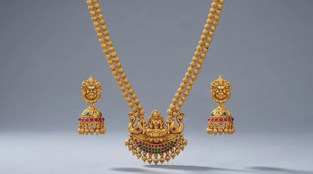 Traditional Lakshmi Temple Jewelry Set - Matte Gold Plated Long Haram Necklace with Jhumka Earrings for Women
