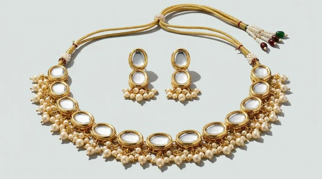 Traditional Gold-Plated Kundan Jewelry Set with Pearl Cluster Droplets