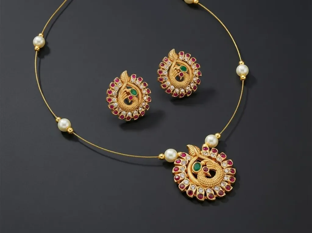 Elegant Peacock Motif Gold-Plated Necklace and Matching Stud Earrings Set