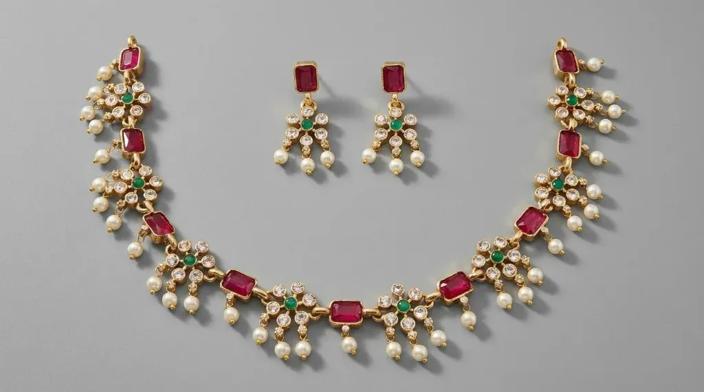 Traditional Ruby and Emerald Gold-Toned Necklace Set with Pearl Drops for Women