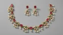 Traditional Ruby and Emerald Gold-Toned Necklace Set with Pearl Drops for Women