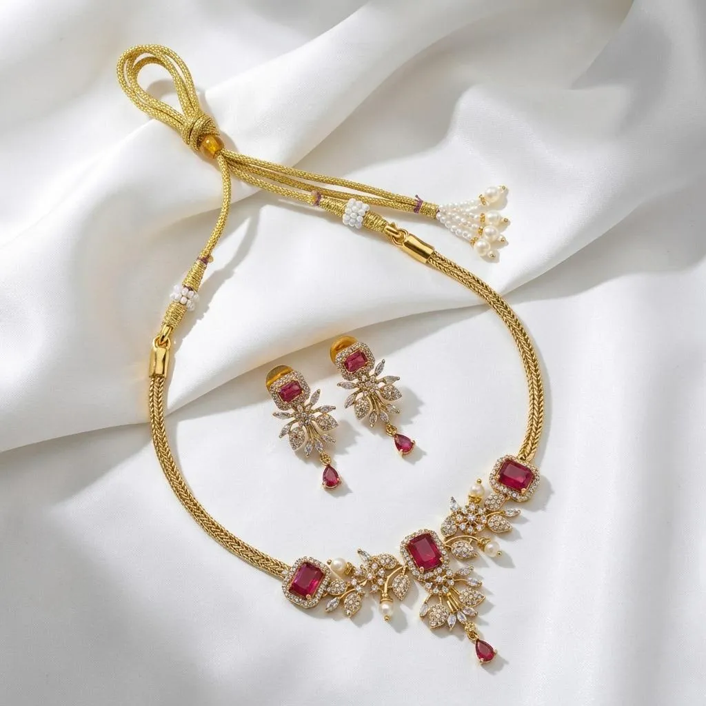 Elegant Gold-Plated Ruby Red and Cubic Zirconia Necklace Set with Matching Earrings
