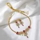 Elegant Gold-Plated Ruby Red and Cubic Zirconia Necklace Set with Matching Earrings