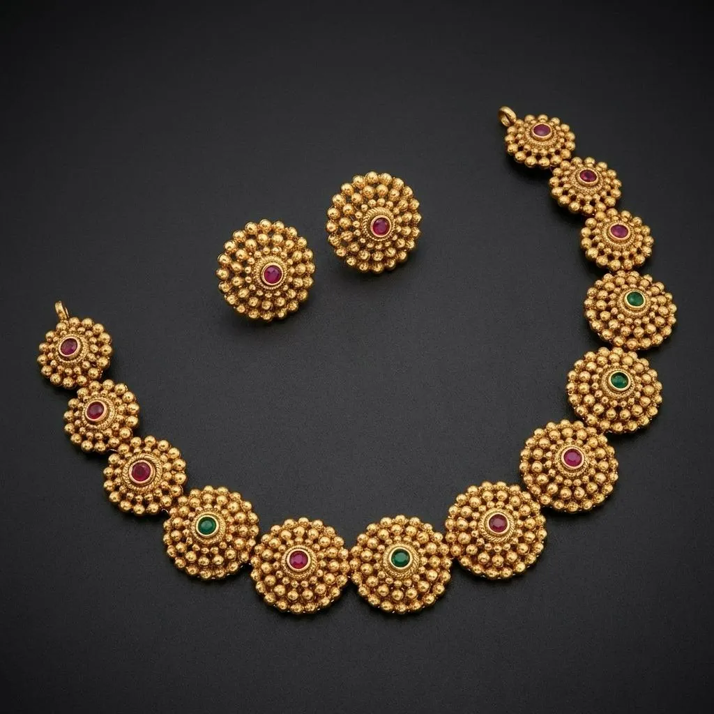 Traditional Necklace Set with Ruby and Emerald Color Stones