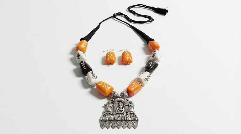 Handcrafted Ethnic Oxidized Silver Pendant Necklace Set with Orange and White Hand-Painted Beads for Women
