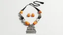 Handcrafted Ethnic Oxidized Silver Pendant Necklace Set with Orange and White Hand-Painted Beads for Women
