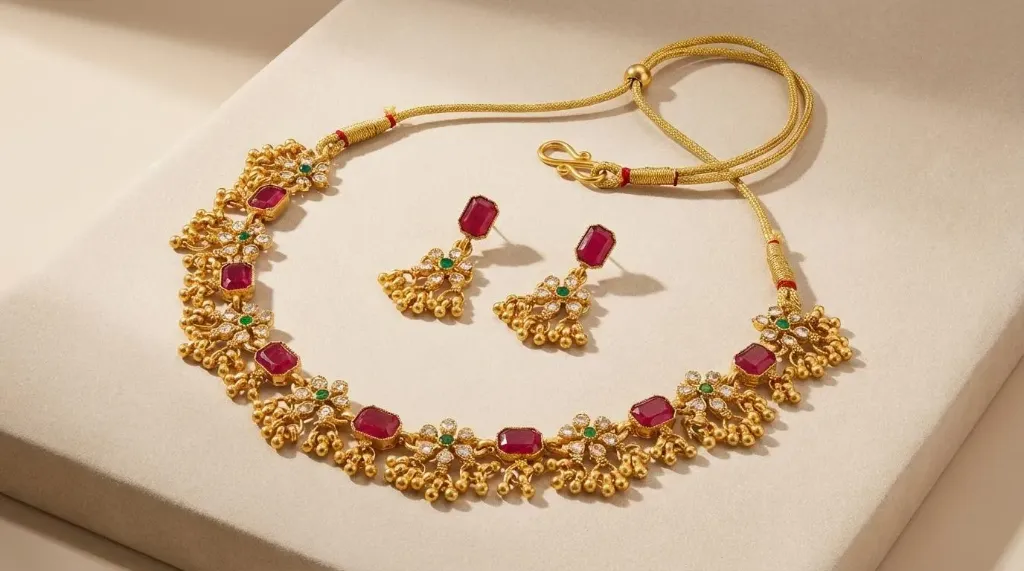 Traditional Gold Plated Choker Necklace Set with Ruby and Emerald Accents and Matching Earrings for Women