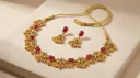 Traditional Gold Plated Choker Necklace Set with Ruby and Emerald Accents and Matching Earrings for Women