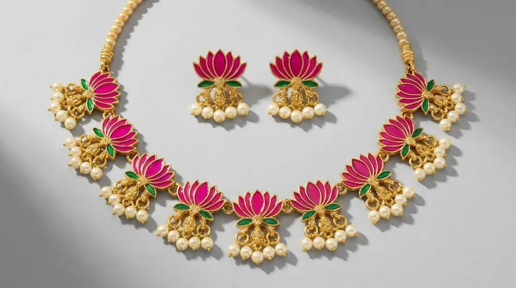 Traditional Pink Lotus Enamel Meenakari Necklace and Earrings Set