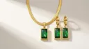 Elegant Emerald Green Jewelry Set: Gold-Toned Herringbone Necklace