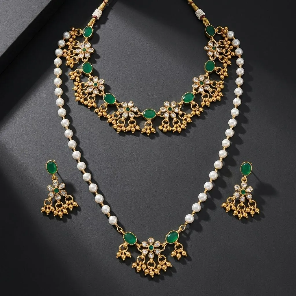 Traditional Green Stone and Pearl Gold-Plated Choker and Long Necklace Set with Matching Drop Earrings
